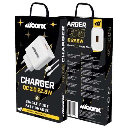 MOONX wall charger MC05 22,5W 1xUSB QC3.0 + cable Micro USB White