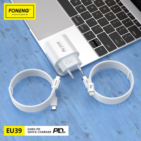 Foneng Ładowarka sieciowa EU39 - Typ C - PD 20W 3A z kablem Typ C na Lightning biała
