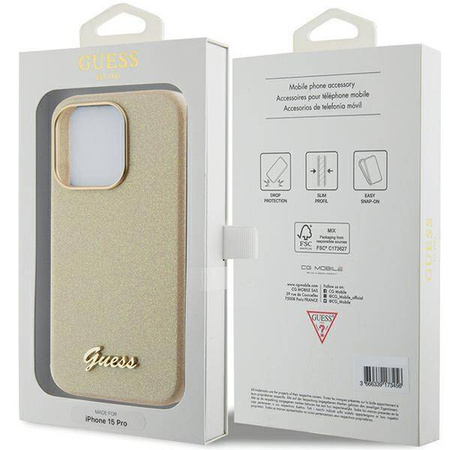 Guess Glitter Glossy Script Hülle für iPhone 15 Pro – Gold