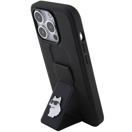 Karl Lagerfeld Gripstand Saffiano Choupette Pins Hülle für iPhone 15 Pro – Schwarz