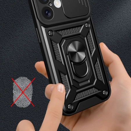 Hybrid Armor Camshield iPhone 16 Plus Panzerhülle mit Kameraabdeckung und Ständer – Schwarz