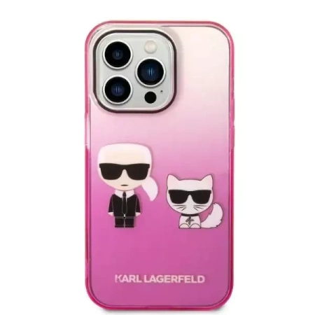 Original Handyhülle IPHONE 14 PLUS Karl Lagerfeld Hardcase Gradient Ikonik Karl & Choupette (KLHCP14MTGKCP) rosa