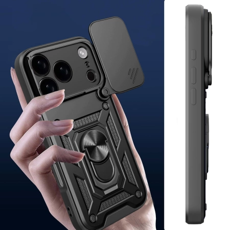 Etui Hybrid Armor Camshield na iPhone 17 Pro Max pancerne z podstawką i osłoną aparatu - czarne
