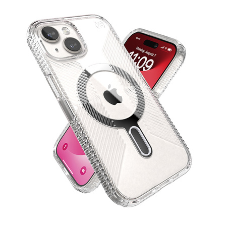 Speck Presidio Perfect-Clear Grip ClickLock & MagSafe - Etui iPhone 16e / iPhone 15 / iPhone 14 / iPhone 13 (Clear / Chrome Finish / Serene Silver)