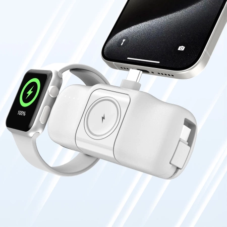 Wozinsky WF16-YCS 5000 mAh 15 W USB-C Mini-Powerbank mit integriertem USB-C-Kabel und Apple Watch Ladegerät – Weiß