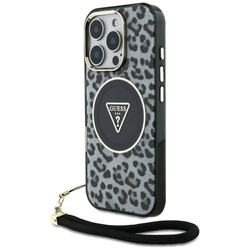Original Handyhülle IPHONE 16 PRO Guess HC IML Leopard Triangle Cord Strap schwarz
