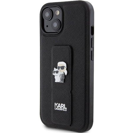 Karl Lagerfeld Gripstand Saffiano Karl&amp;Choupette Pins Hülle für iPhone 15 – Schwarz