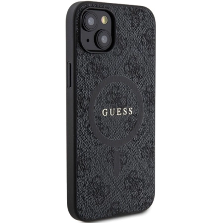 Guess 4G Collection MagSafe-Hülle aus Leder und Metalllogo für iPhone 14/15/13 – Schwarz