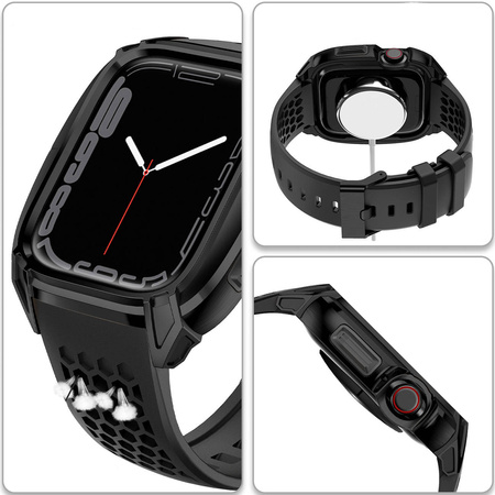 Kingxbar CYF148 2in1 Rugged Case for Apple Watch SE, 6, 5, 4 (44 mm) Stainless Steel with Strap Black