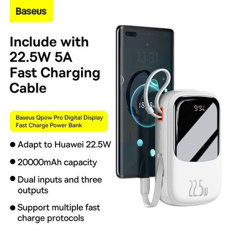 Powerbank Baseus Qpow PRO z kablem USB-C, USB-C, USB, 20000mAh, 22.5W (biały)