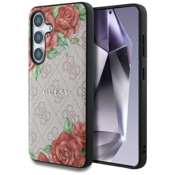 Original Handyhülle SAMSUNG GALAXY S25 Guess Leather 4G Flowers Print Metal Classic Logo MagSafe rosa