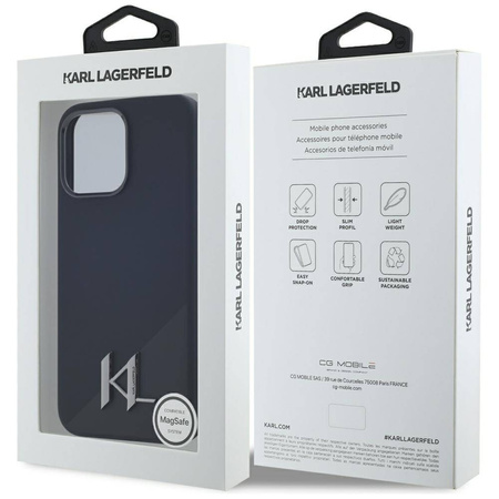 Original Case IPHONE 15 PRO Karl Lagerfeld Hardcase Silicone Shadow Metal Initial MagSafe black