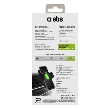 SBS TESUPWIR15WAUT smartphone holder with wireless charger for air vent - black