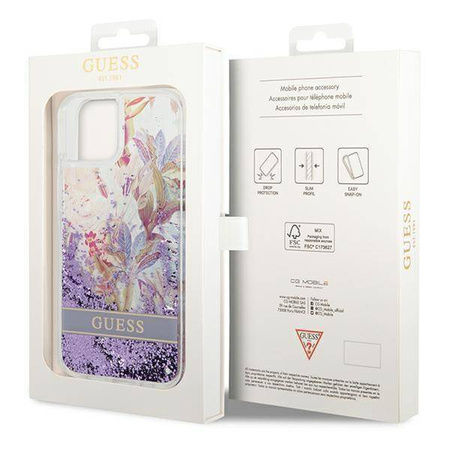 Schutzhülle IPHONE 14 PLUS Guess Hardcase Flower Liquid Glitter violett