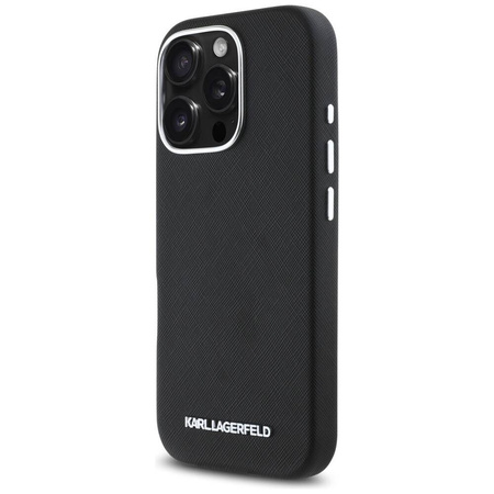 Oryginalne Etui IPHONE 16 PRO Karl Lagerfeld Saffiano Full Wrapped Elongated Metal Logo MagSafe czarne