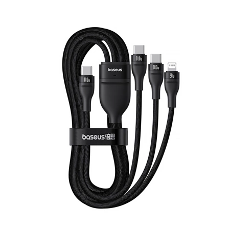 Kabel 3w1 Baseus Flash Series 3 100W USB-C - USB-C+USB-C+Lightning 1,5m + 3 x 0,25 m - czarny