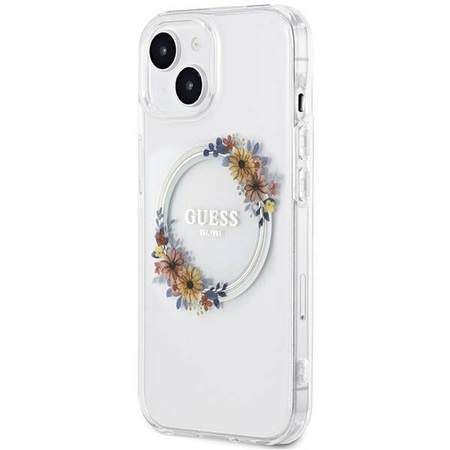 Oryginalne Etui GUESS Hardcase GUHMP15SHFWFCT do iPhone 15 (Kompatybilny z Magsafe / Flowers Wreath / transparent)