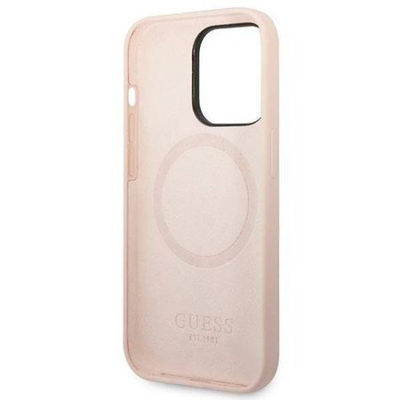 Original Case IPHONE 14 PRO MAX Guess Hard Case Silicone Logo Plate MagSafe pink