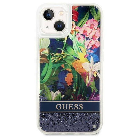 Etui IPHONE 14 PLUS Guess Hardcase Flower Liquid Glitter niebieskie
