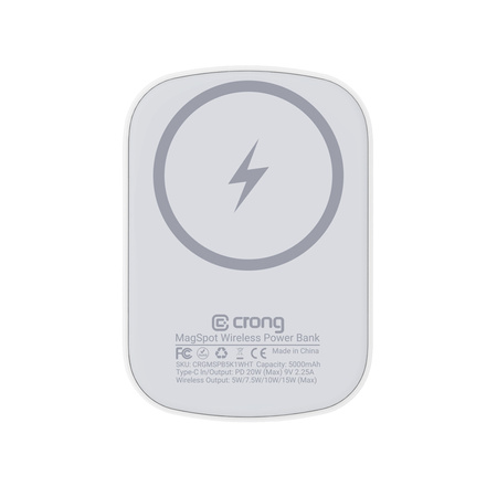 Crong MagSpot Power Bank - Bezprzewodowy power bank ultra slim z MagSafe 5000mAh, USB-C 20W PD (biały)