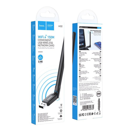 HOCO bezprzewodowa karta sieciowa z zewnętrzną anteną na USB WiFi4 HI32 czarna