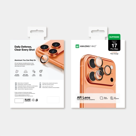 AmazingThing Camera Glass Protector for iPhone 17 Pro / Pro Max - with Orange Frame