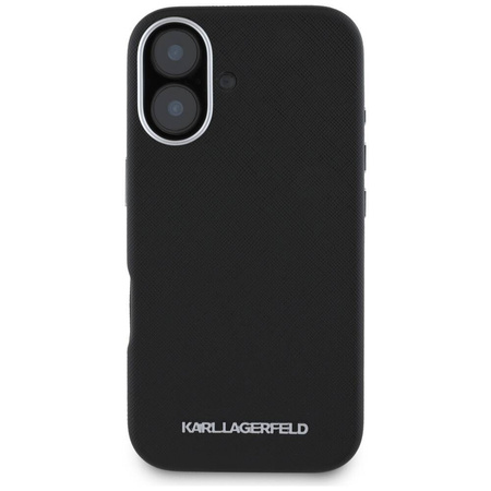 Original Handyhülle IPHONE 16 Karl Lagerfeld Saffiano Full Wrapped Elongated Metal Logo MagSafe schwarz