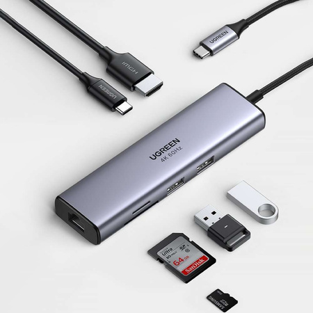Wielofunkcyjny HUB 5w1 USB-C  - HDMI 1.4 / 3 x USB-A / USB-C PD 100W Ugreen CM511 - szary
