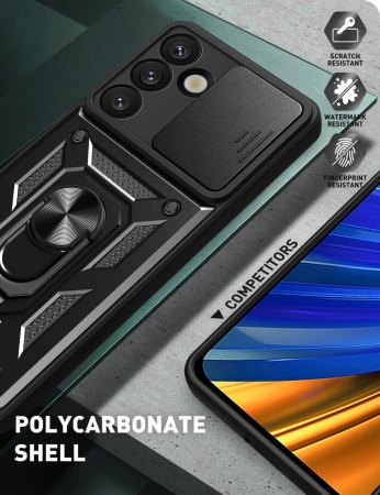 Pancerne etui Hybrid Armor Camshield z podstawką i osłoną aparatu na Samsung Galaxy S25 Edge - czarne