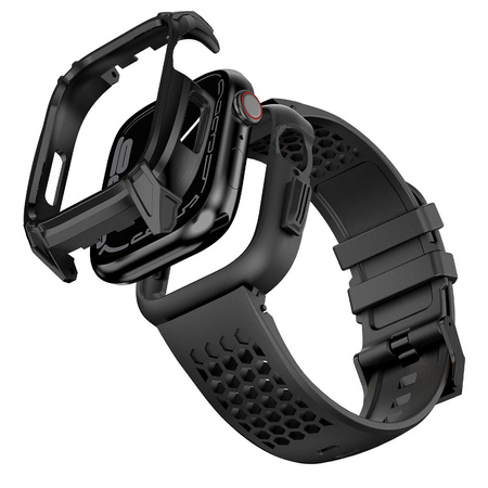 Kingxbar CYF148 2in1 Rugged Case for Apple Watch SE, 6, 5, 4 (44 mm) Stainless Steel with Strap Black