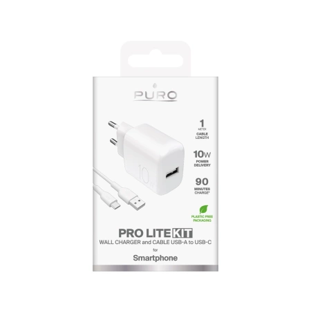 Puro PROLITE 10W USB-A Wandladegerät + USB-A - USB-C Kabel 1,2m - weiß