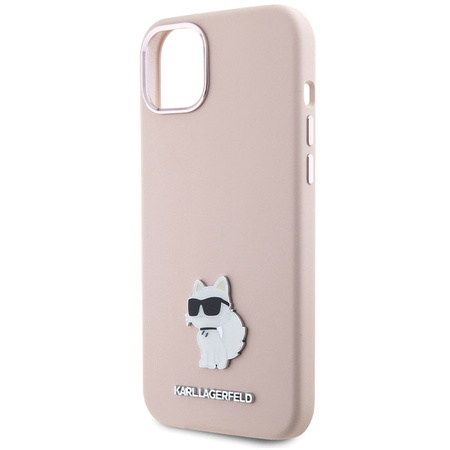 Karl Lagerfeld Silikon Choupette Metall Pin Hülle für iPhone 15 Plus / 14 Plus – Rosa