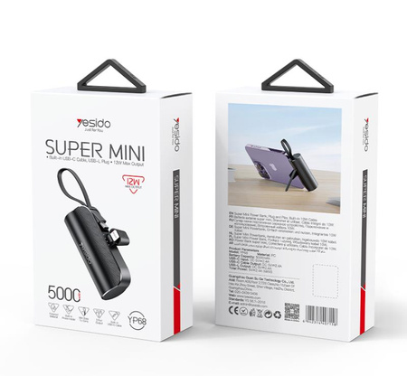 Yesido Powerbank YP68 5 000 mAh 12W + kabel USB-C, złącze Lightning, CZARNY