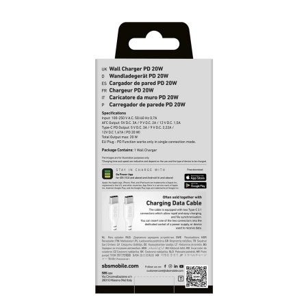 SBS TETRPD20W 20W USB-A USB-C Wall Charger with Power Delivery - White