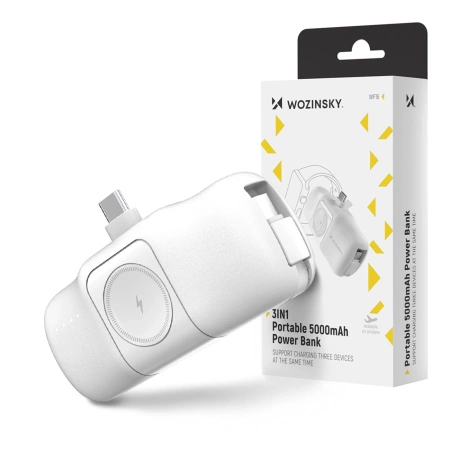 Wozinsky WF16-YCS 5000 mAh 15 W USB-C Mini-Powerbank mit integriertem USB-C-Kabel und Apple Watch Ladegerät – Weiß