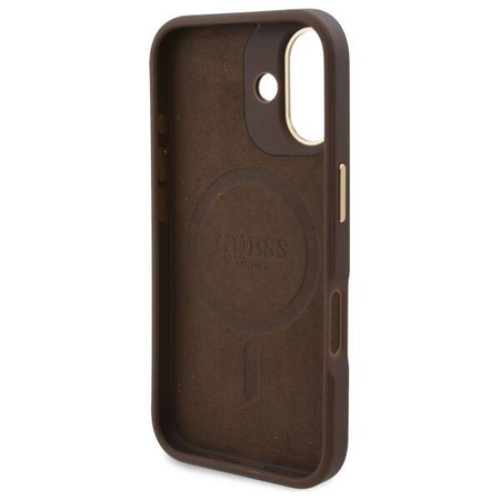 Original Handyhülle IPHONE 16 Guess Hardcase 4G Logo Plate MagSafe (GUHMP16SU4GPRW) braun
