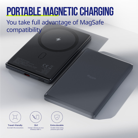 Allity power bank bezprzewodowy APB-300 PD QC 20W 5000 mAh szary magnetyczny