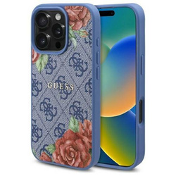 Original Handyhülle IPHONE 16 Guess Hardcase 4G Flowers Print MagSafe (GUHMP16SP4ROPEMCB) blau