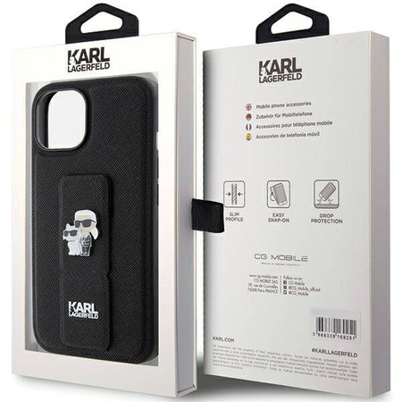 Karl Lagerfeld Gripstand Saffiano Karl&amp;Choupette Pins Hülle für iPhone 15 Plus / 14 Plus – Schwarz
