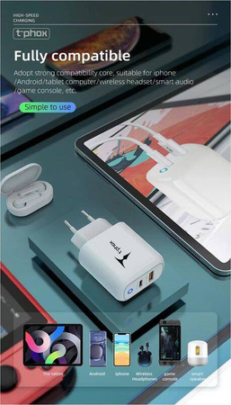 45W USB + USB-C T-PHOX GLORY Wall Charger, white