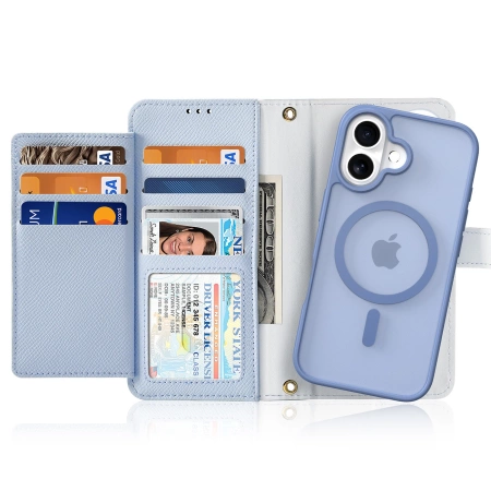 Dux Ducis Lawa iPhone 16 Lederhülle mit abnehmbarer magnetischer Brieftasche - Blau