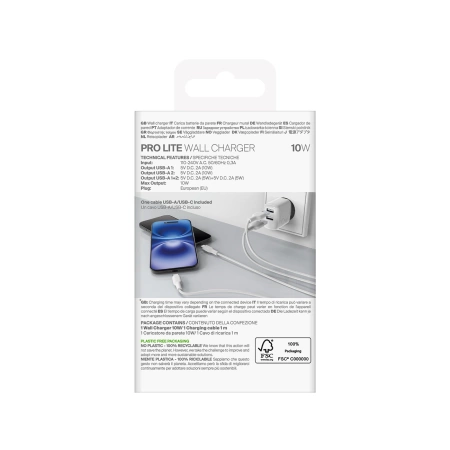 Ładowarka sieciowa Puro PROLITE 10W 2x USB-A + kabel USB-A - USB-C 1.2m - biała