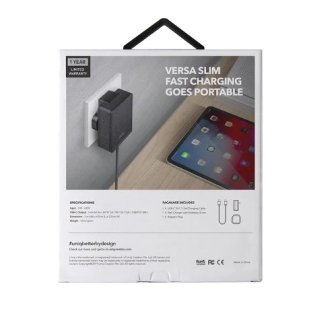 UNIQ Ład. siec. Versa Slim USB-C PD 18W + kabel USB-C na USB-C czarny/charcoal black (LITHOS Collective)