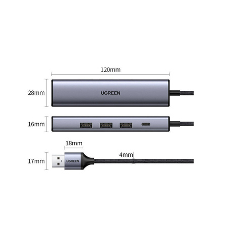 Ugreen Multifunktionsadapter HUB USB 3.0 - 3 x USB / Ethernet RJ-45 / USB Typ C PD grau (CM475)