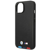 Original Handyhülle IPHONE 14 PLUS BMW Leather Stamp Tricolor MagSafe (BMHMP14M22PTDK) schwarz