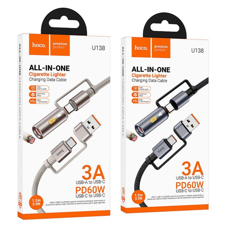 HOCO kabel All-in-one USB A / Typ C do Typ C / Zapalniczka samochodowa 3A 60W U138 1,2 m szary