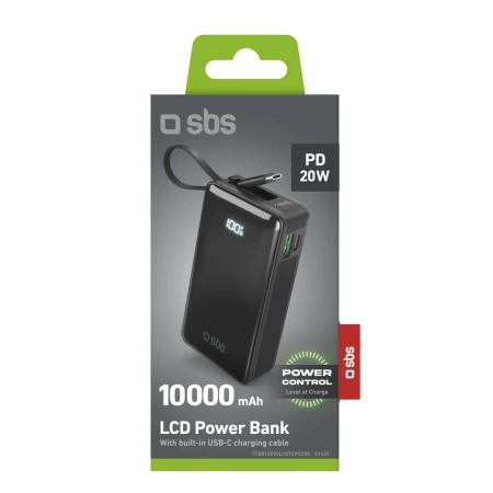 Powerbank SBS 10000 mAh 20W z wbudowanym kablem USB-C i wyświetlaczem cyfrowym - czarny