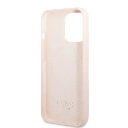 Original Handyhülle IPHONE 13 PRO MAX Guess Hard Case Silicone Logo Plate MagSafe (GUHMP13XSPLP) rosa