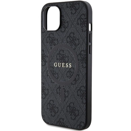 Guess 4G Collection MagSafe-Hülle aus Leder und Metalllogo für iPhone 14/15/13 – Schwarz