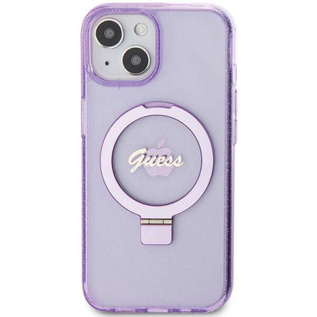 Guess Ring Stand Script Glitter MagSafe Hülle für iPhone 15 Plus / 14 Plus – Lila